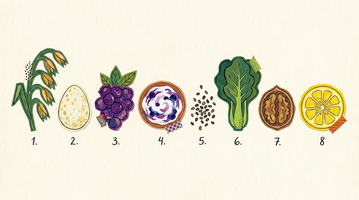 Artistic paper-cut illustrations of oatmeal, eggs, berries, yogurt, chia seeds, greens, walnuts, and lemon.