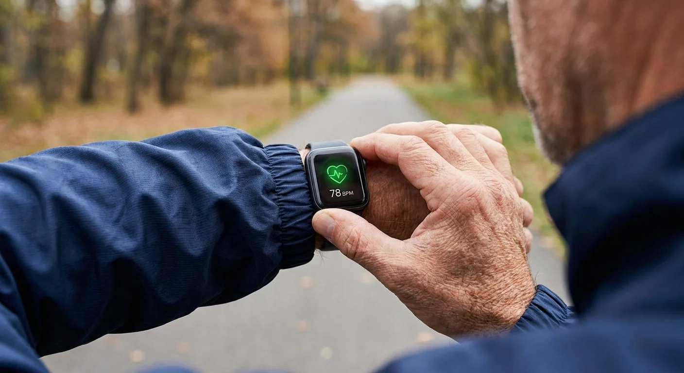 Close-up of a man checking his pulse on a smartwatch while walking outside, focusing on heart health.