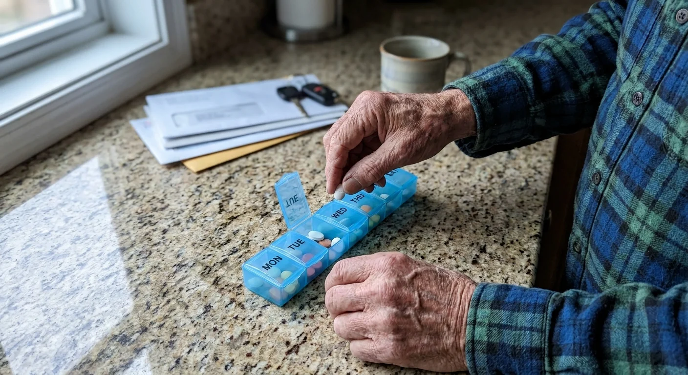 Close-up of a senior's hands organizing medication into a weekly pill planner on a kitchen counter.
