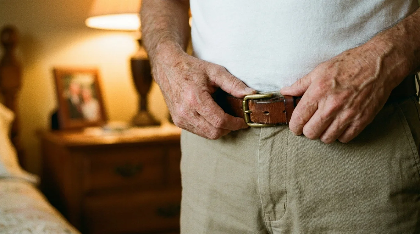 Close-up of an older man's hands tightening a belt to a new notch, indicating unintentional weight loss.