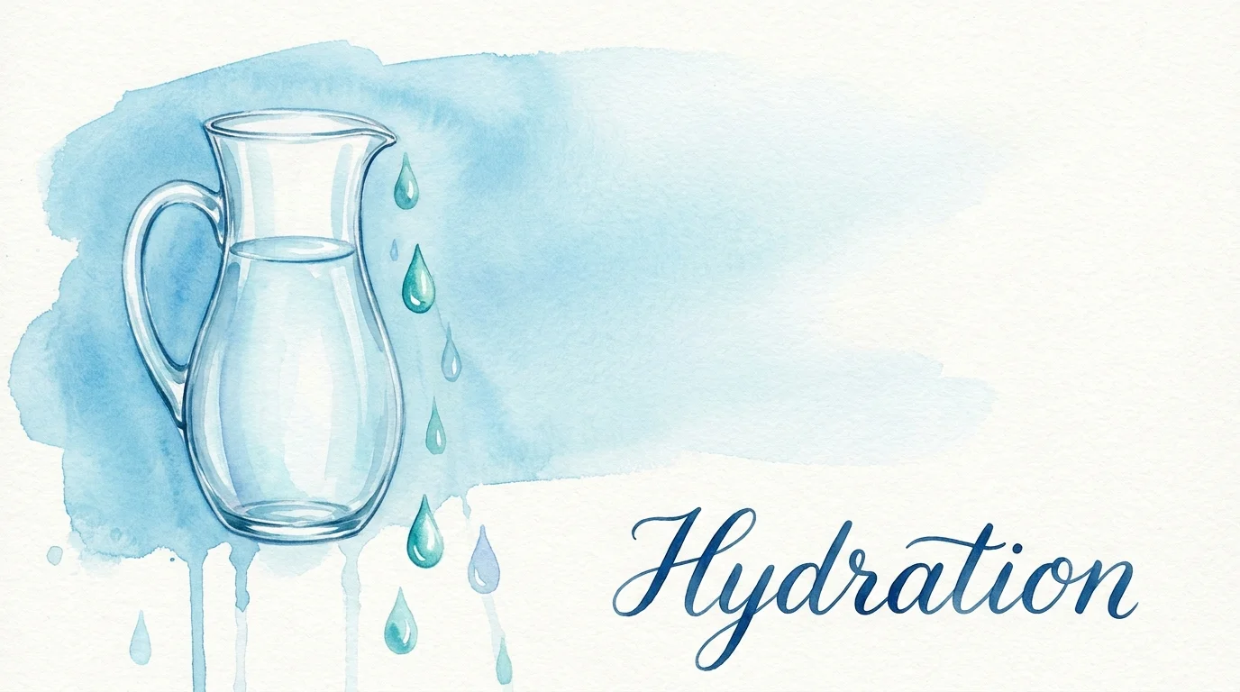 Conceptual watercolor of a water pitcher and droplets, symbolizing the need for hydration during bouts of diarrhea.