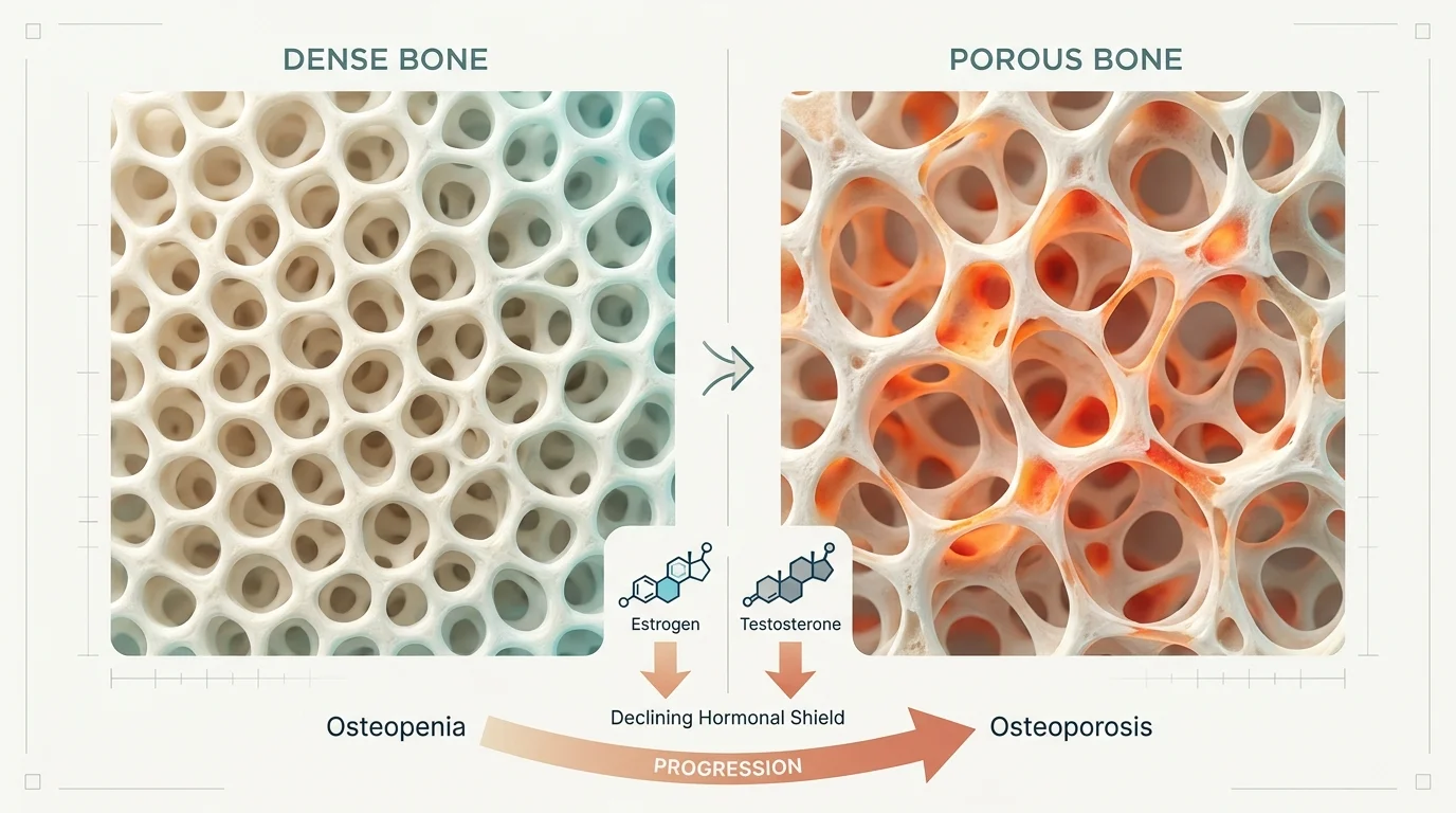Diagram showing the difference between dense bone and porous bone, highlighting the impact of declining hormones.