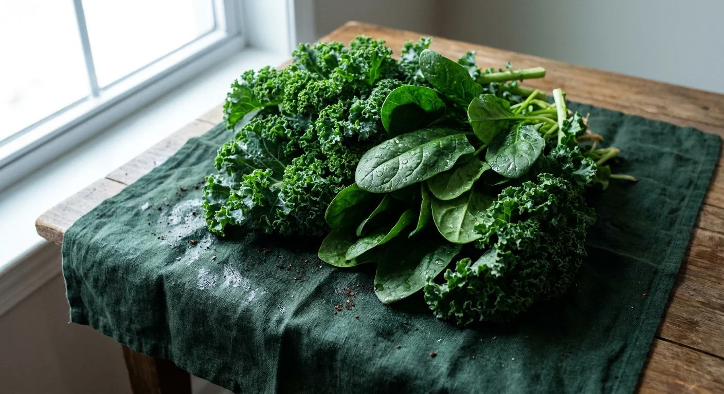 Fresh, vibrant green kale and spinach leaves with water droplets on a dark towel.