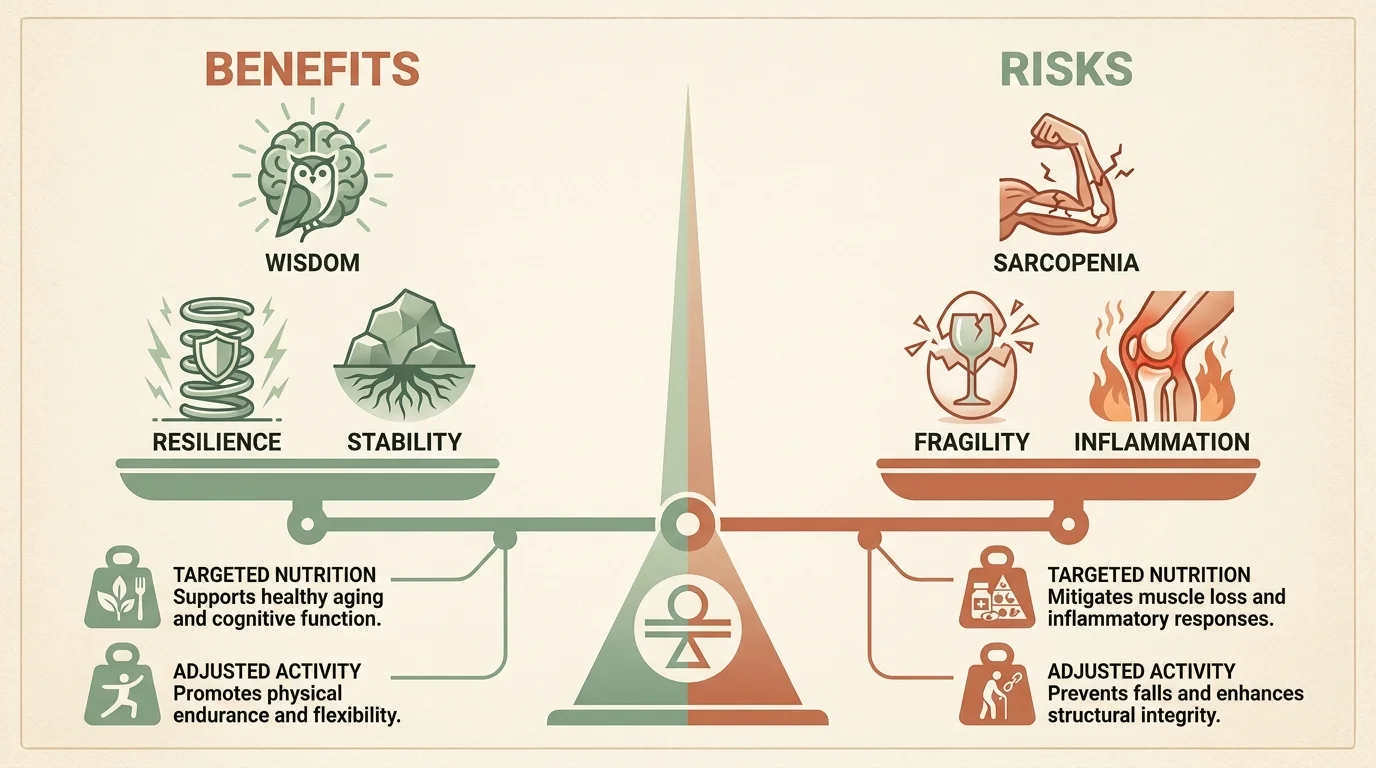 Infographic of a balance scale weighing the risks and benefits of biological changes in your 60s.