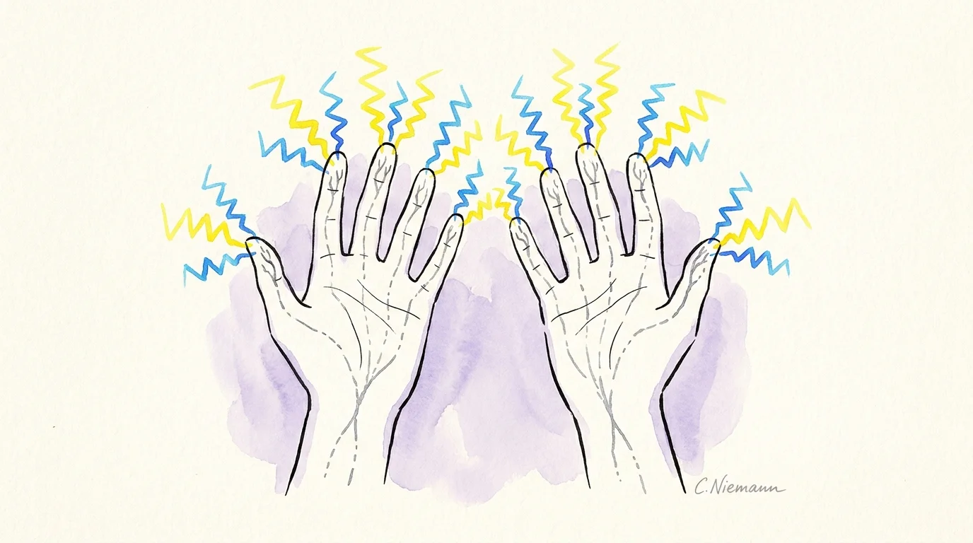 Line art of hands with electric-blue zig-zags at the fingertips, representing the tingling sensation of nerve damage.