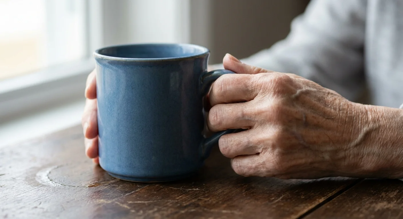 Macro photo of an older person's hands on a mug, showing the natural textures and fine lines of aging skin.