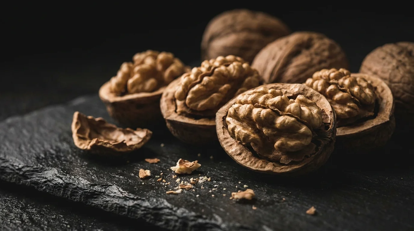Macro photo of walnuts on a dark surface, highlighting their unique brain-like shape and texture.
