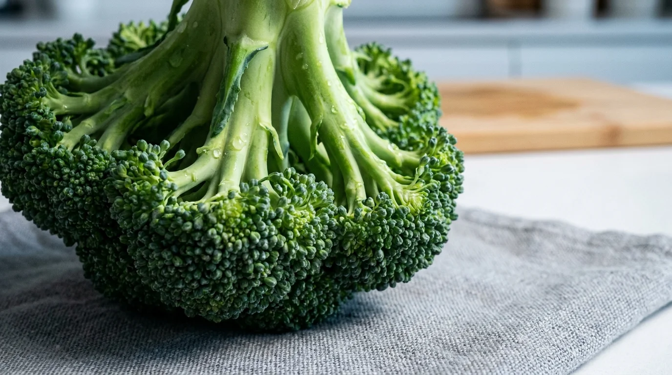 Macro shot of fresh green broccoli florets, showing the intricate details and water droplets.