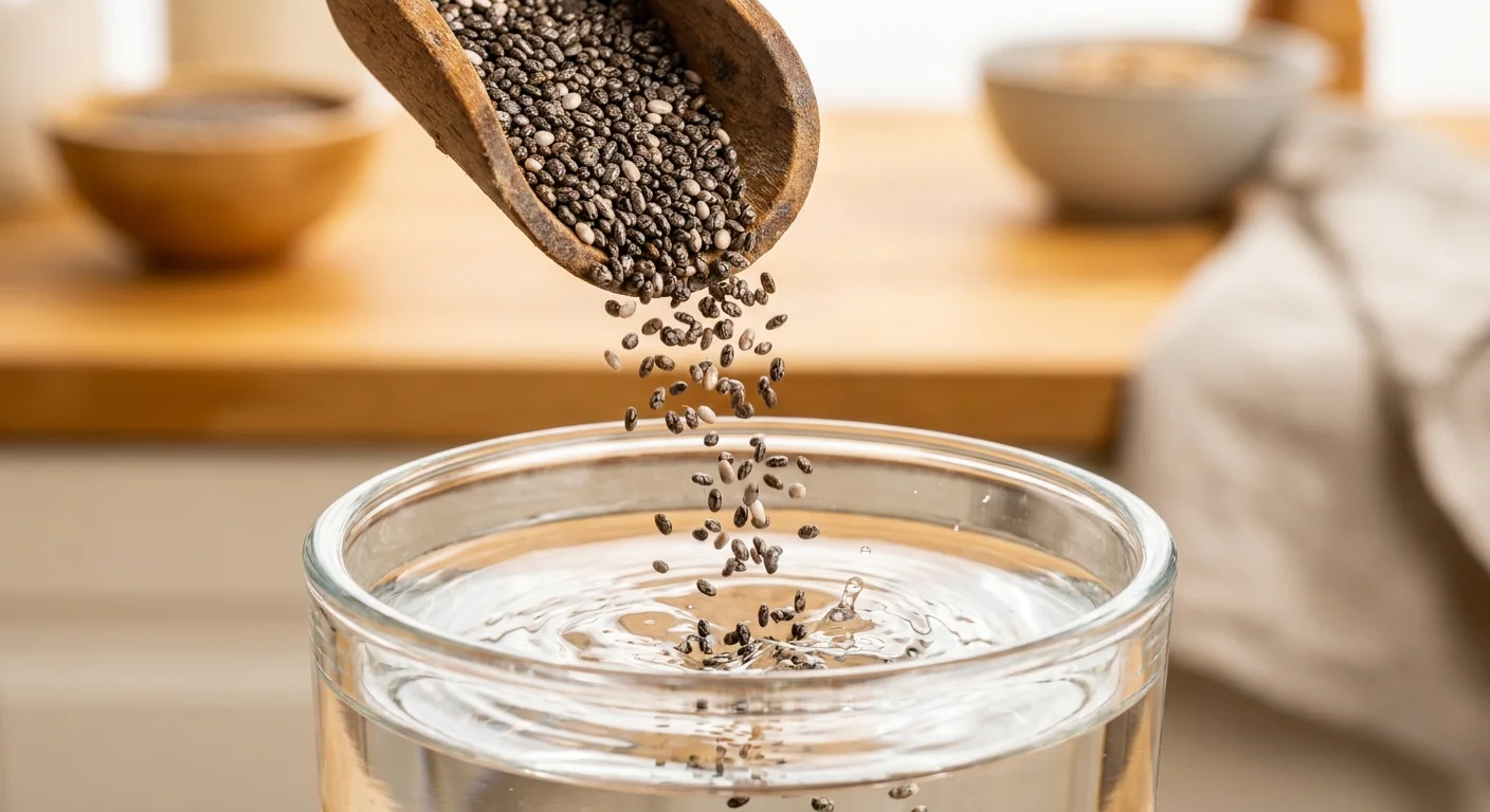 Macro view of tiny, marbled chia seeds being poured into a glass of water.