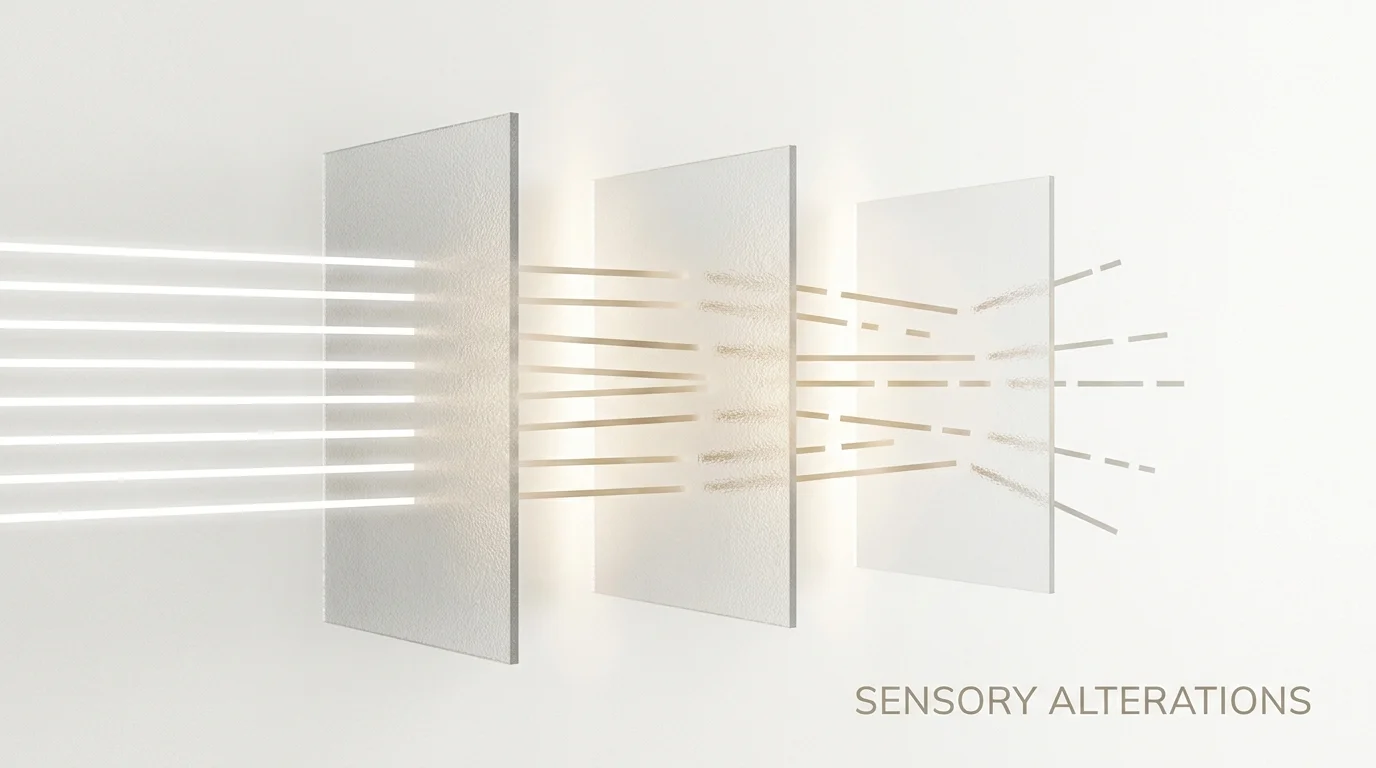 Minimalist graphic showing clear lines becoming blurred as they pass through frosted panels, representing sensory changes.
