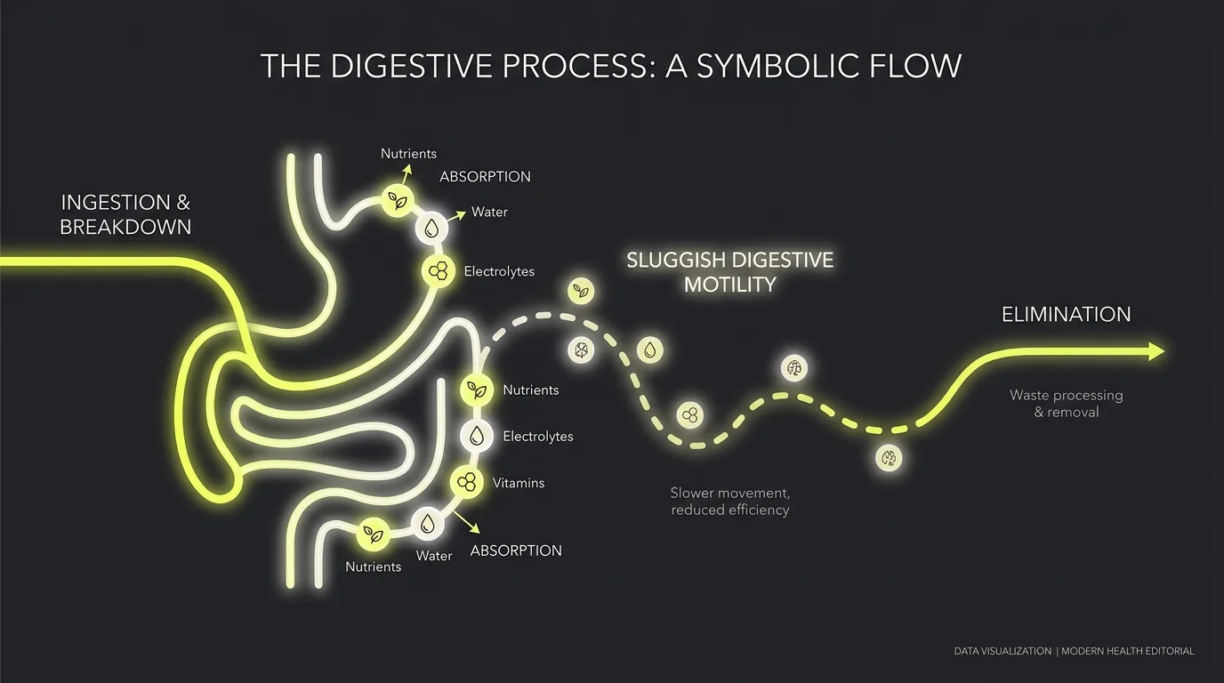 Minimalist line-art diagram showing a path slowing down in the middle, symbolizing sluggish digestion.
