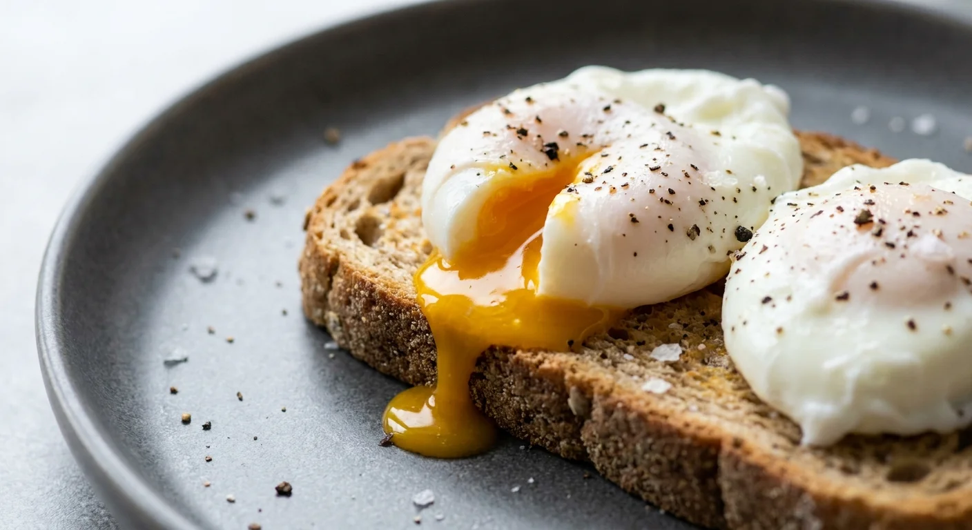 Poached eggs on whole-grain toast with a golden yolk running over the crusty bread.