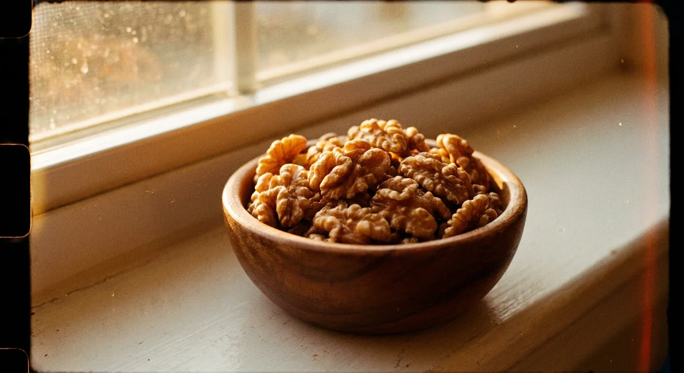 Shelled walnut halves in a wooden bowl sitting in the warm morning sun on a windowsill.