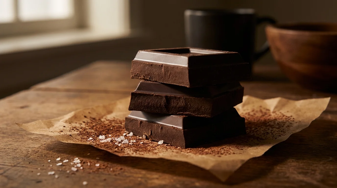 Three squares of dark chocolate with sea salt on parchment paper, shown in warm lighting.