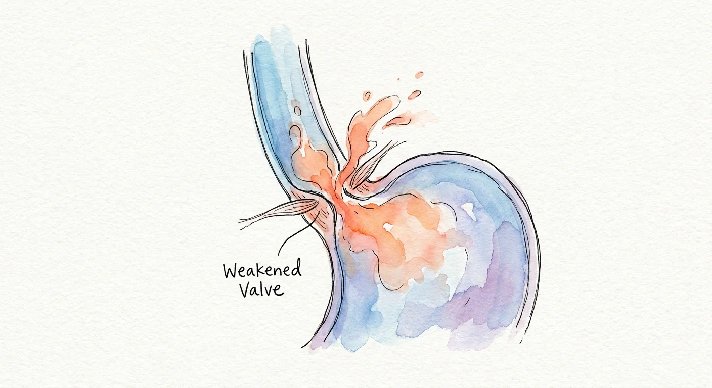 Watercolor illustration showing stomach acid rising through a weakened valve into the esophagus.