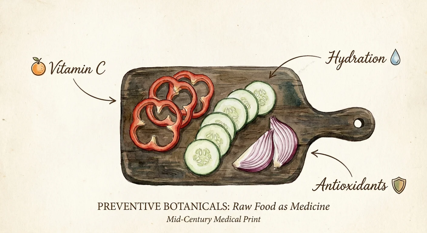 A botanical-style watercolor illustration showing sliced vegetables on a cutting board labeled with their health benefits like Vitamin C.