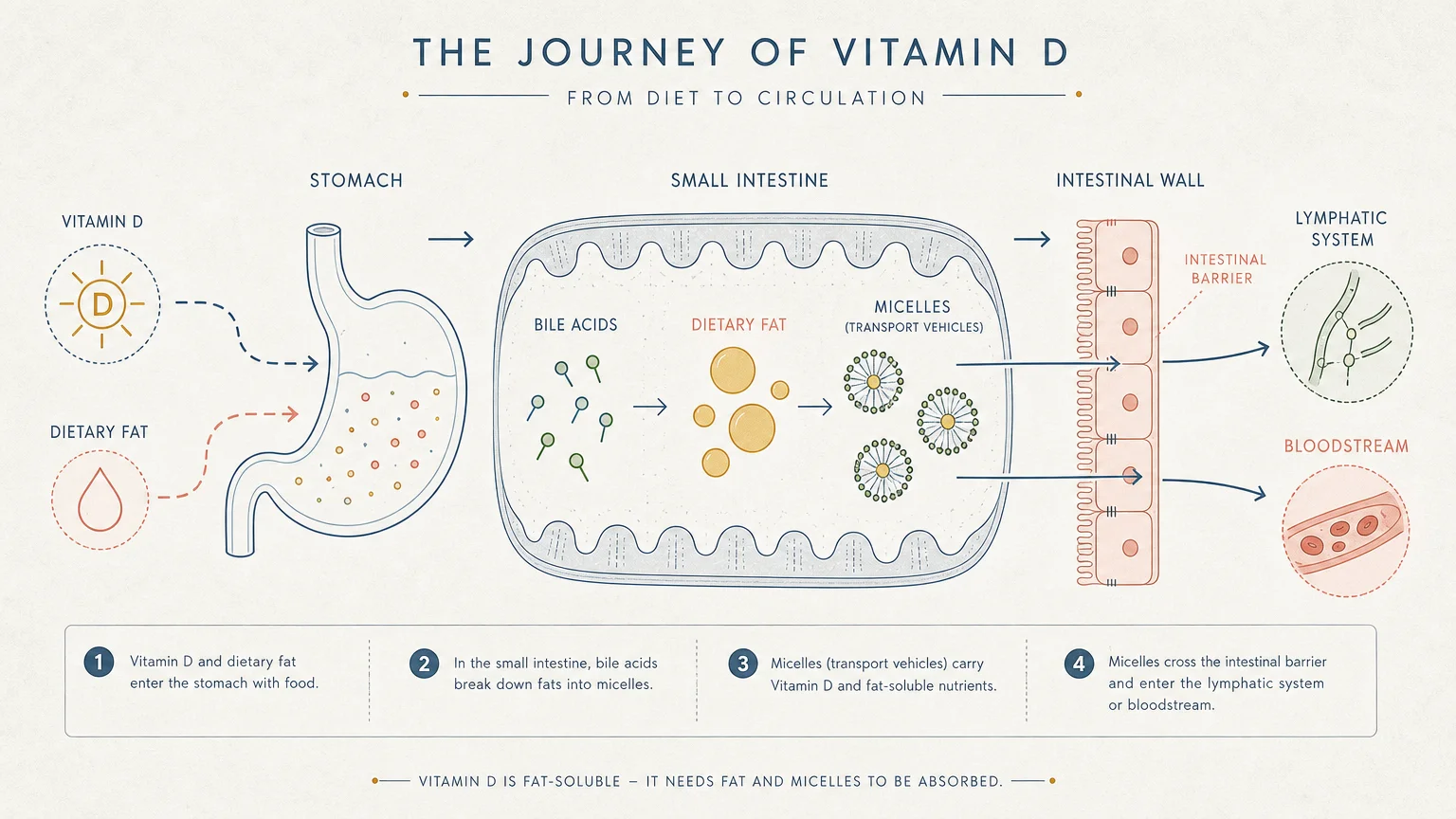 A clean biological diagram showing how bile acids and micelles transport Vitamin D across the intestinal wall into the bloodstream.