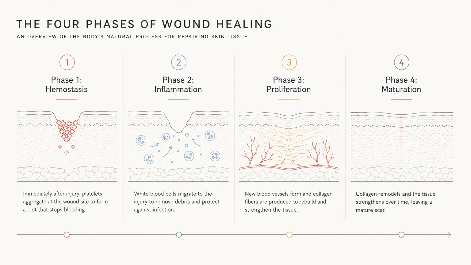 A clean, four-step horizontal diagram showing the biological phases of wound healing: Hemostasis, Inflammation, Proliferation, and Maturatio