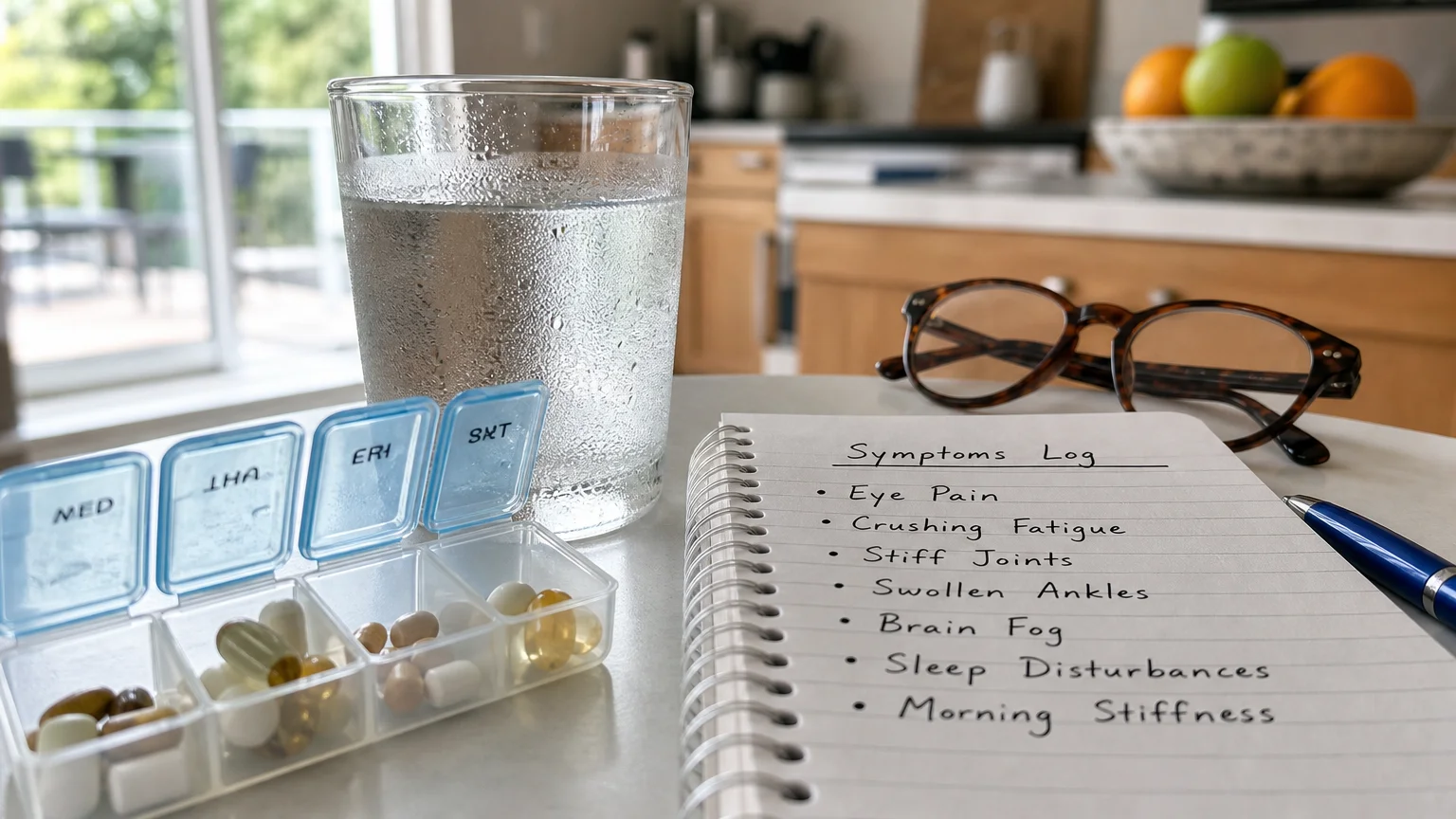 A close-up of a pill organizer and a symptom log notebook on a kitchen counter in bright daylight.