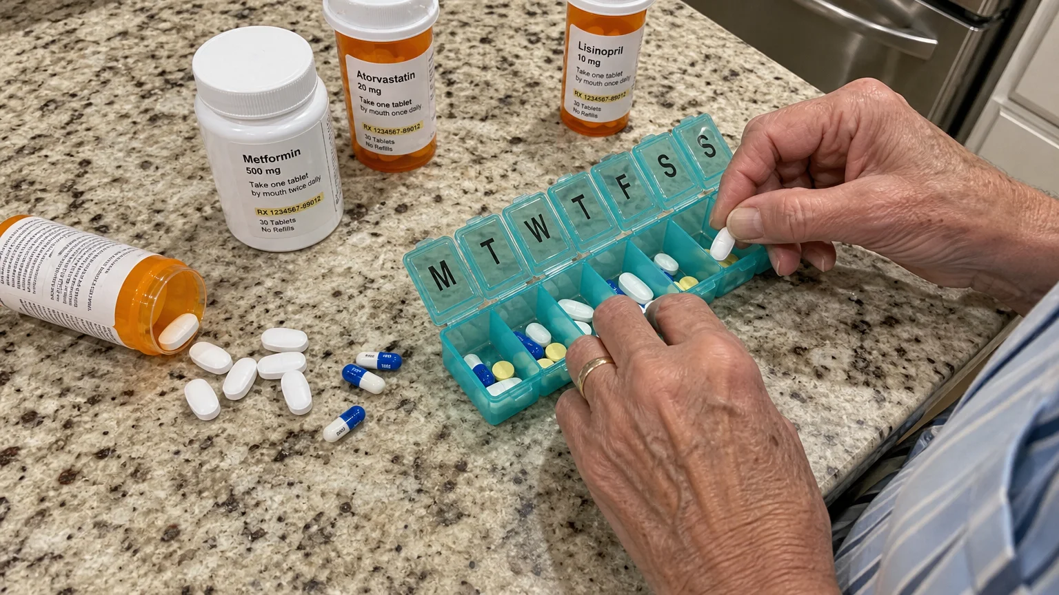 A close-up of a senior's hands sorting multiple different pills into a weekly organizer on a kitchen counter.