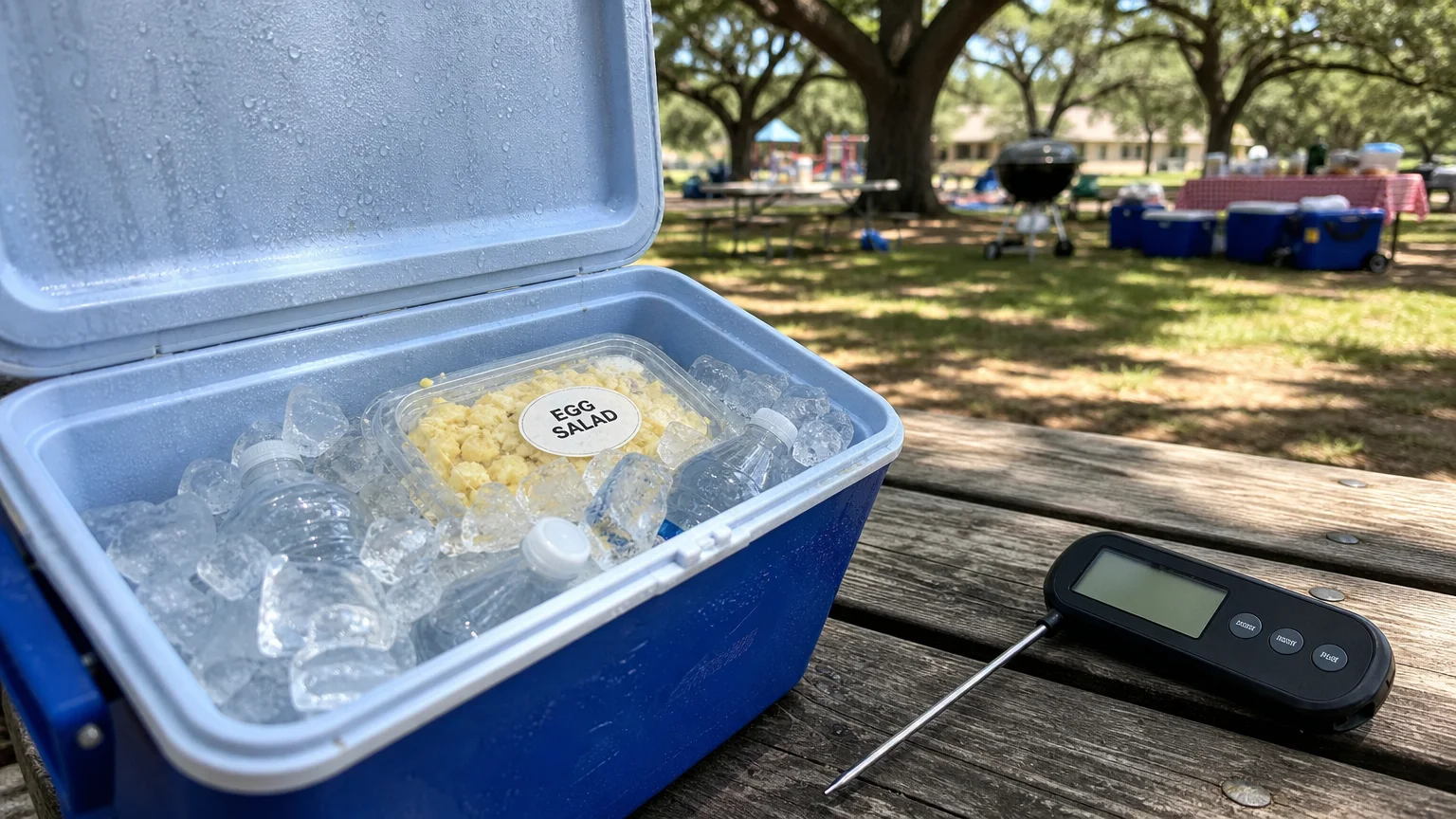 A close-up of a well-iced cooler and a digital thermometer on a picnic table, highlighting summer safety tools.