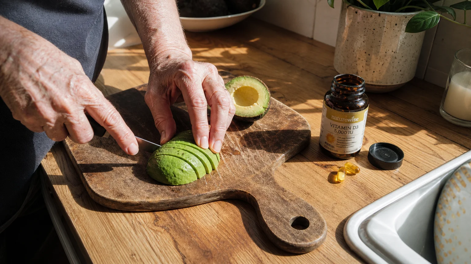 A close-up photograph of a senior's hands slicing an avocado next to a bottle of soft-gel supplements on a sunny kitchen counter.