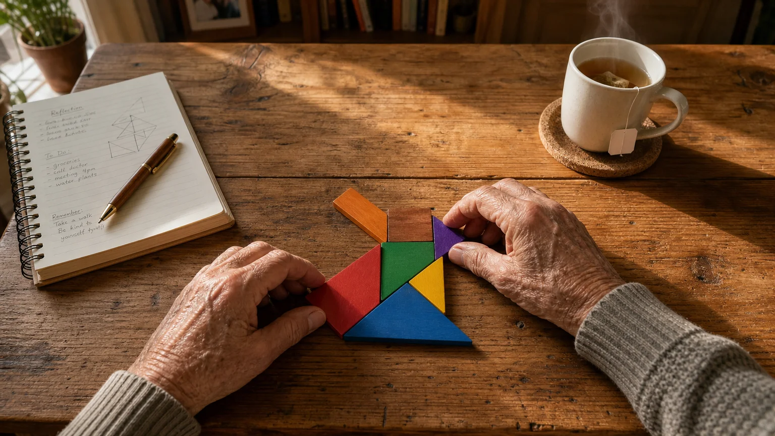 A close-up photograph of an older adult's hands arranging colorful wooden tangram pieces on a rustic table next to a cup of tea.