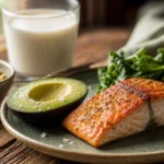 A close-up photograph of grilled salmon, sliced avocado, and walnuts on a wooden table, emphasizing healthy fats for vitamin absorption.