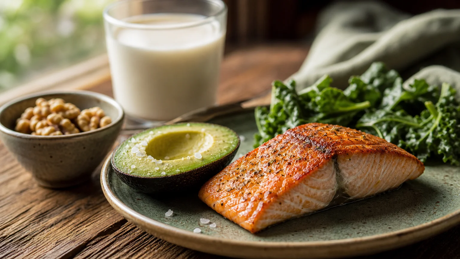 A close-up photograph of grilled salmon, sliced avocado, and walnuts on a wooden table, emphasizing healthy fats for vitamin absorption.
