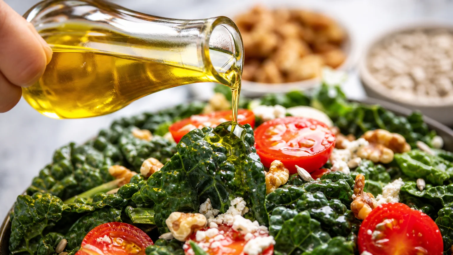 A close-up shot of olive oil being drizzled over a fresh salad, illustrating a practical way to add healthy fats to a meal.