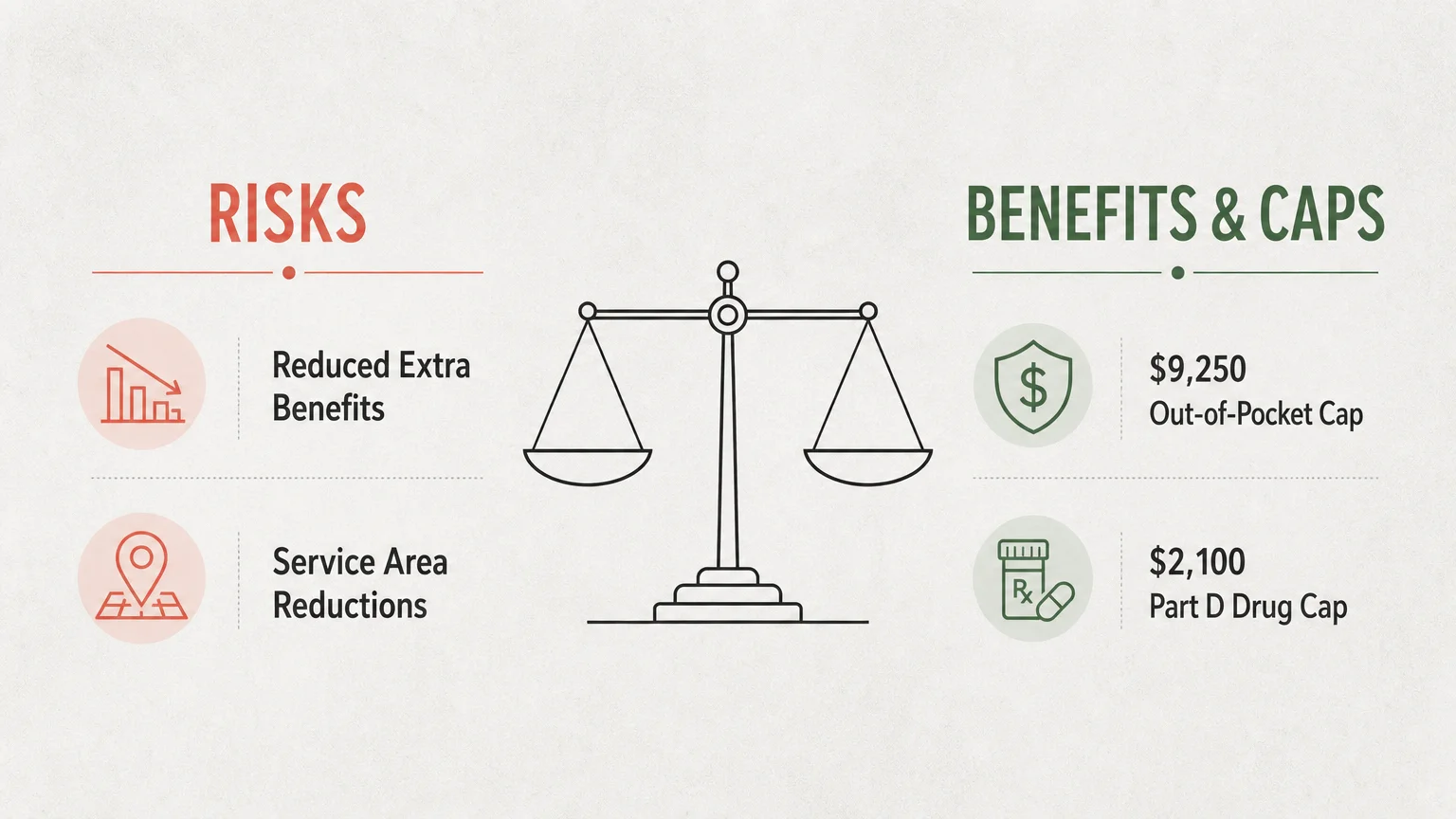 A comparative diagram balancing the risks of reduced benefits against the safety of the $9,250 out-of-pocket and $2,100 drug caps.