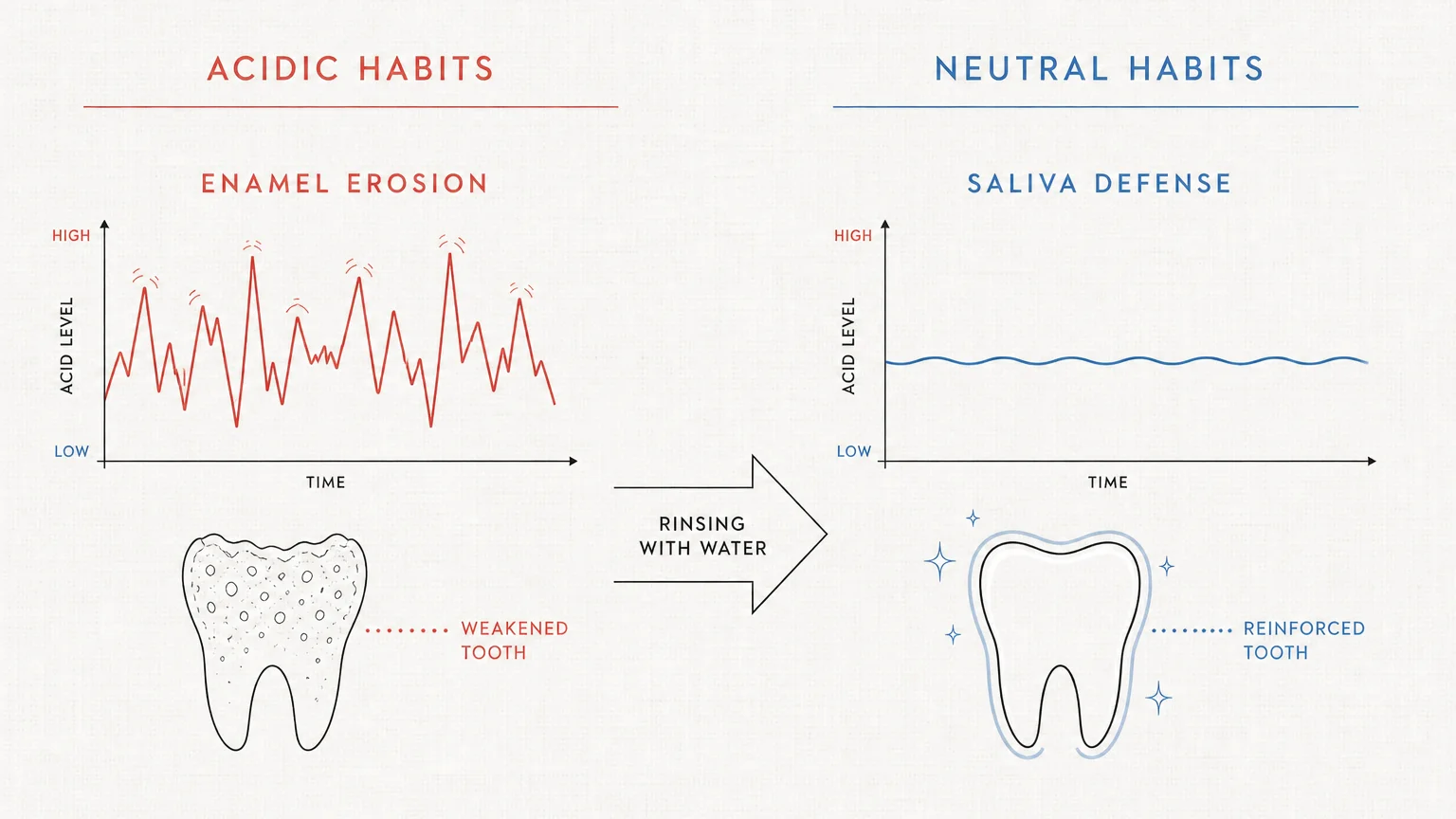 A comparison diagram showing how switching from acidic drinks to water helps protect and reinforce tooth enamel.