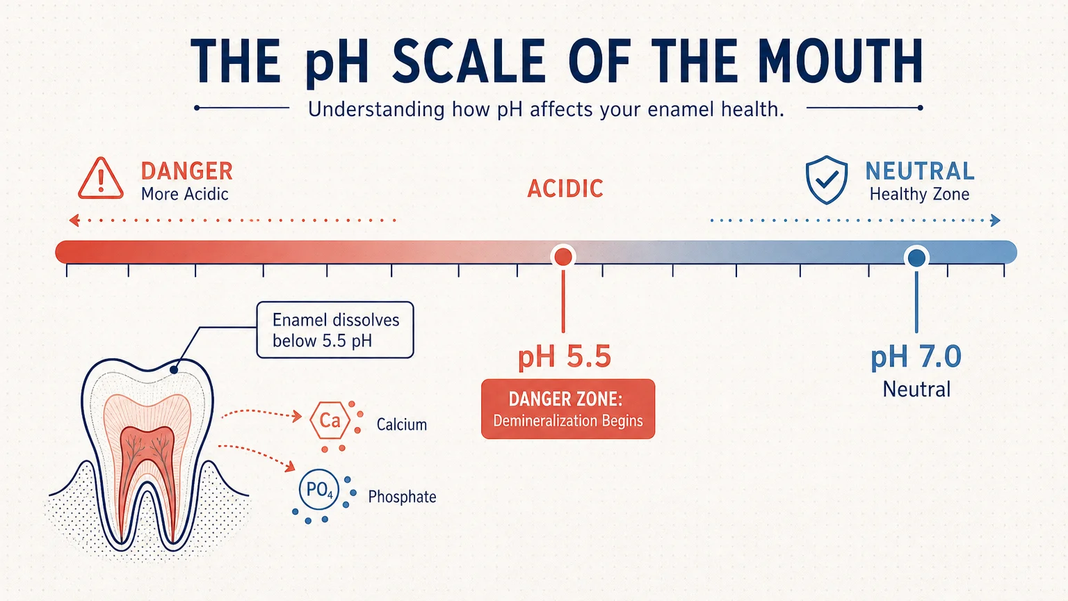 A dental health diagram showing the pH scale with the 5.5 demineralization threshold marked as the danger zone for tooth enamel.