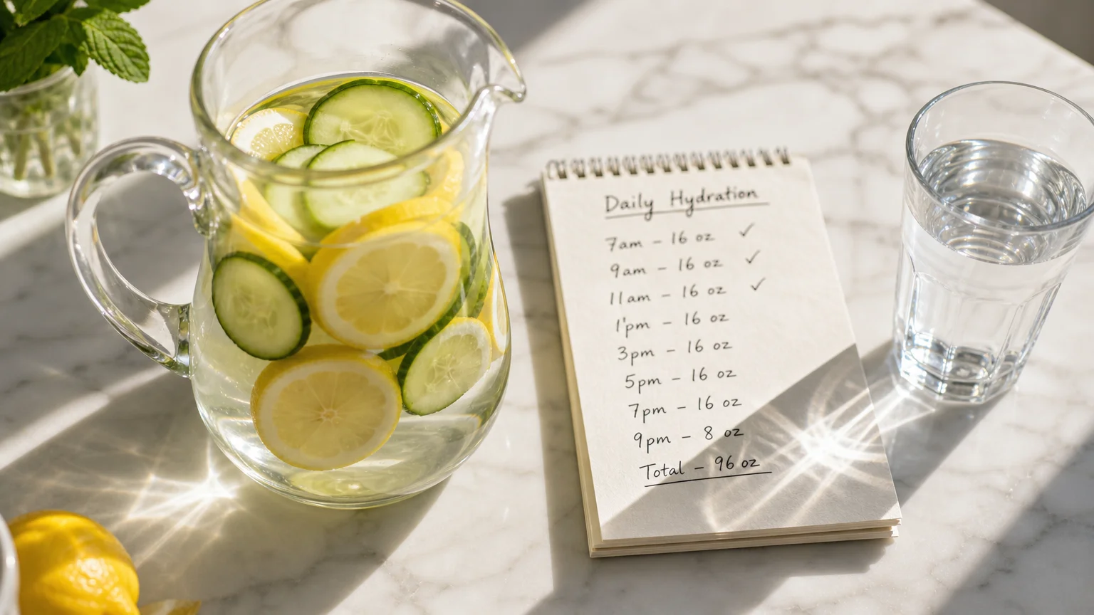 A fresh water pitcher with lemon and cucumber sits on a kitchen counter next to a handwritten hydration schedule in the morning sun.