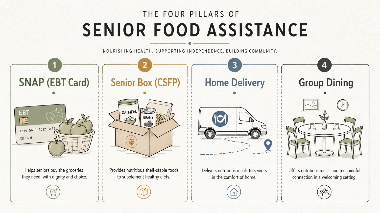 A horizontal diagram illustrating the four pillars of senior food assistance: SNAP, Senior Box, Home Delivery, and Group Dining.