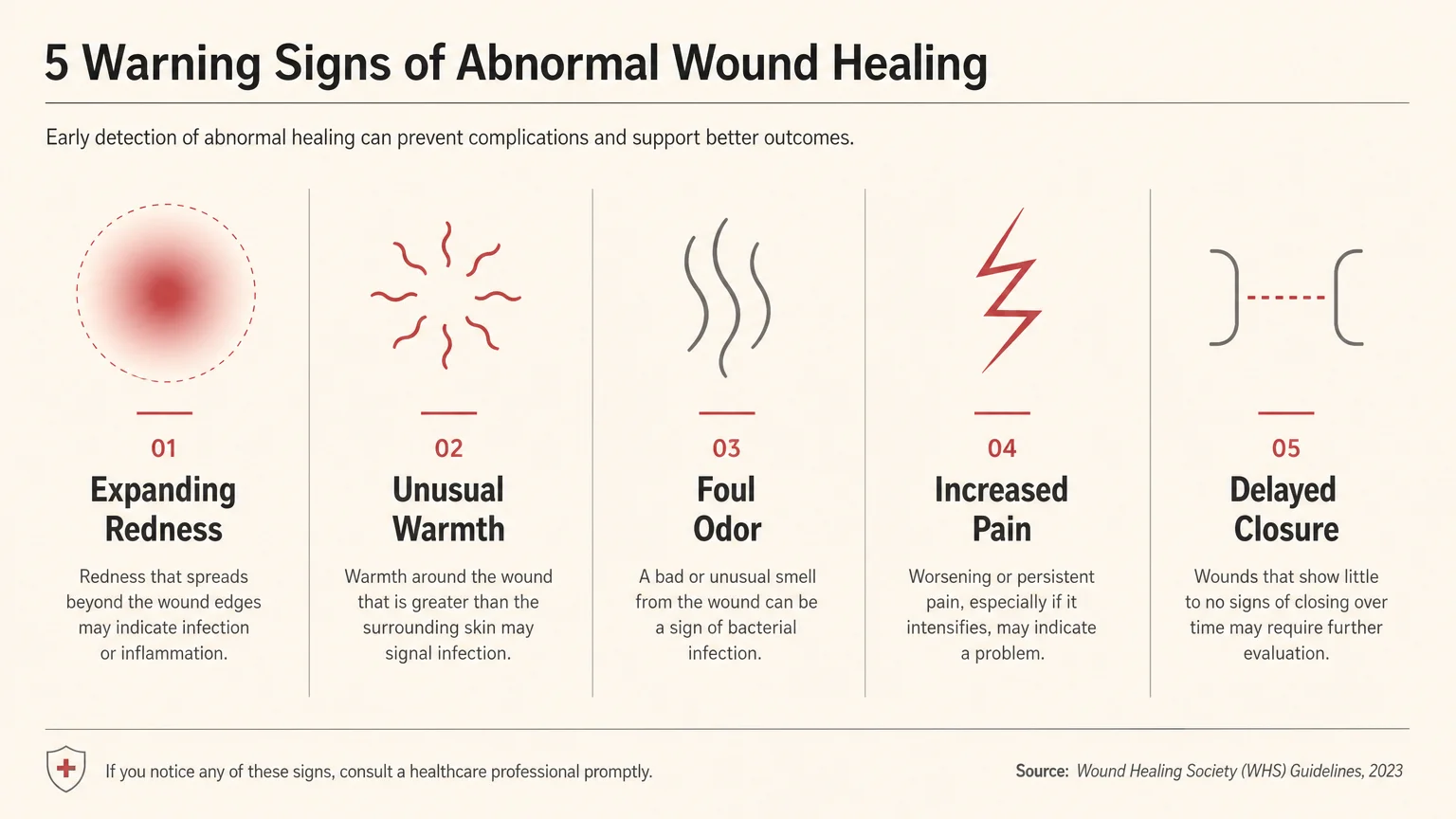 A horizontal infographic showing five icons representing expanding redness, warmth, odor, pain, and delayed healing.