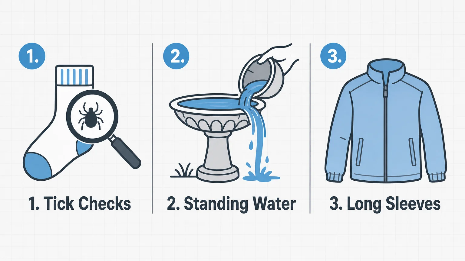 A horizontal infographic showing three steps: tick checks, eliminating standing water, and wearing long sleeves.