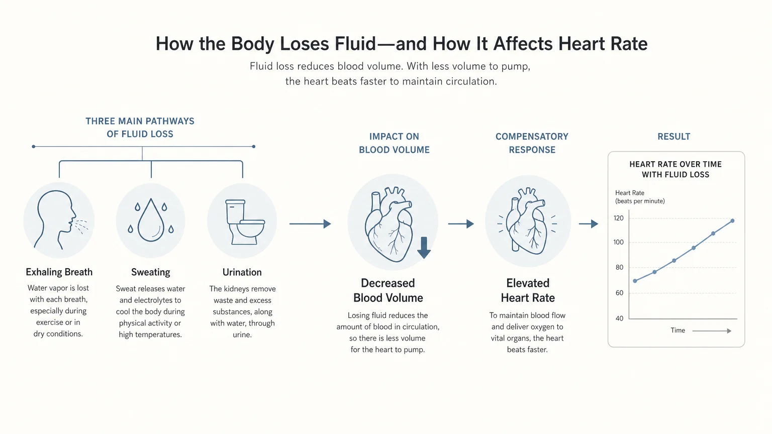 A horizontal scientific diagram showing how the body loses water through breath, sweat, and urination, affecting blood volume.