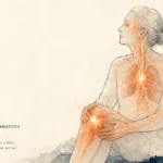 A minimalist ink and watercolor illustration of a human figure showing inflammation spreading from joints to the heart, lungs, and eyes.
