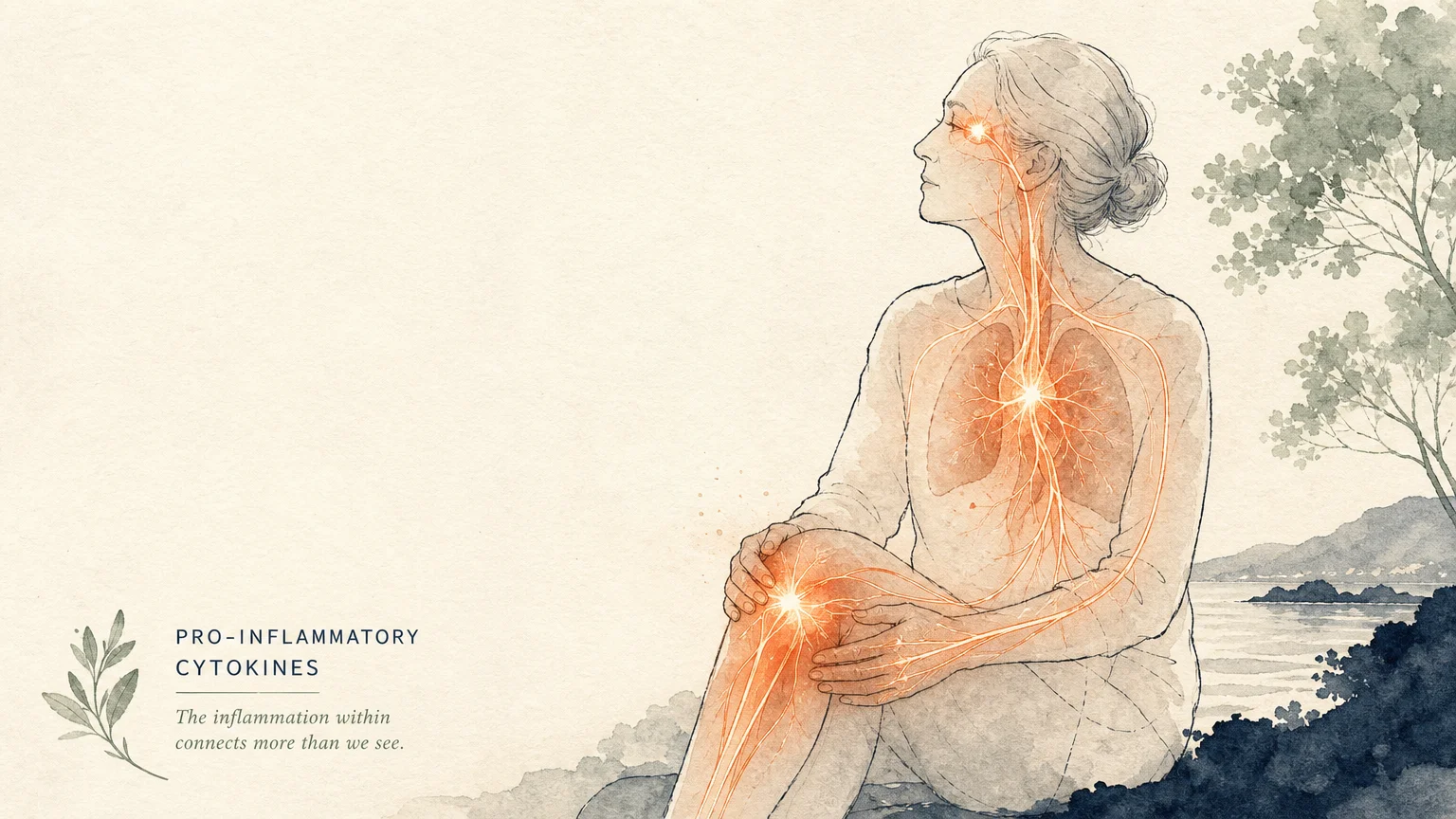 A minimalist ink and watercolor illustration of a human figure showing inflammation spreading from joints to the heart, lungs, and eyes.