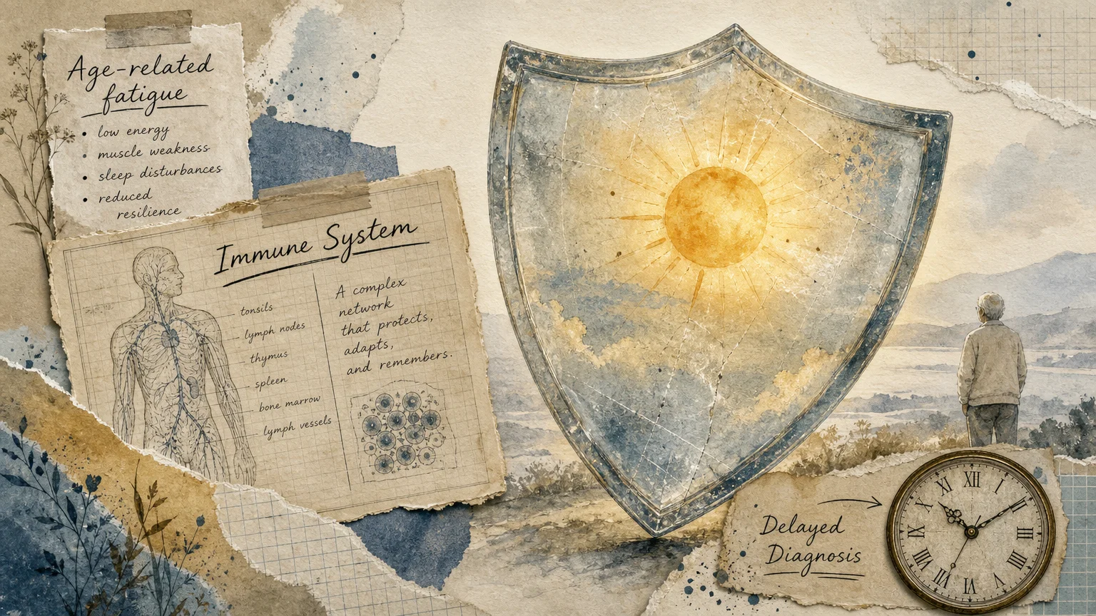 A mixed media collage illustrating the vulnerability of the senior immune system and the challenge of delayed diagnosis.