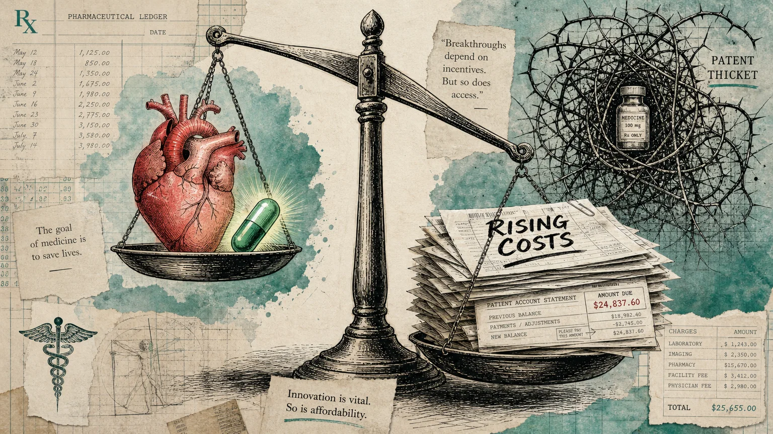 A mixed-media collage of a scale weighing a heart and a pill against a heavy stack of medical bills and thorns.