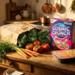 A paper grocery bag spilling fresh kale and carrots next to processed packaged food on a sunlit kitchen counter.