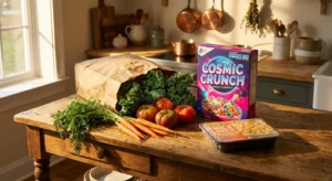 A paper grocery bag spilling fresh kale and carrots next to processed packaged food on a sunlit kitchen counter.