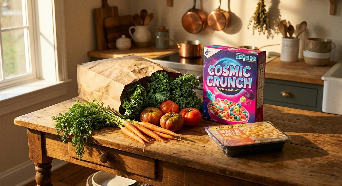 A paper grocery bag spilling fresh kale and carrots next to processed packaged food on a sunlit kitchen counter.