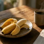 A partially peeled ripe banana on a ceramic plate next to a cup of coffee on a wooden table, bathed in warm morning sunlight.