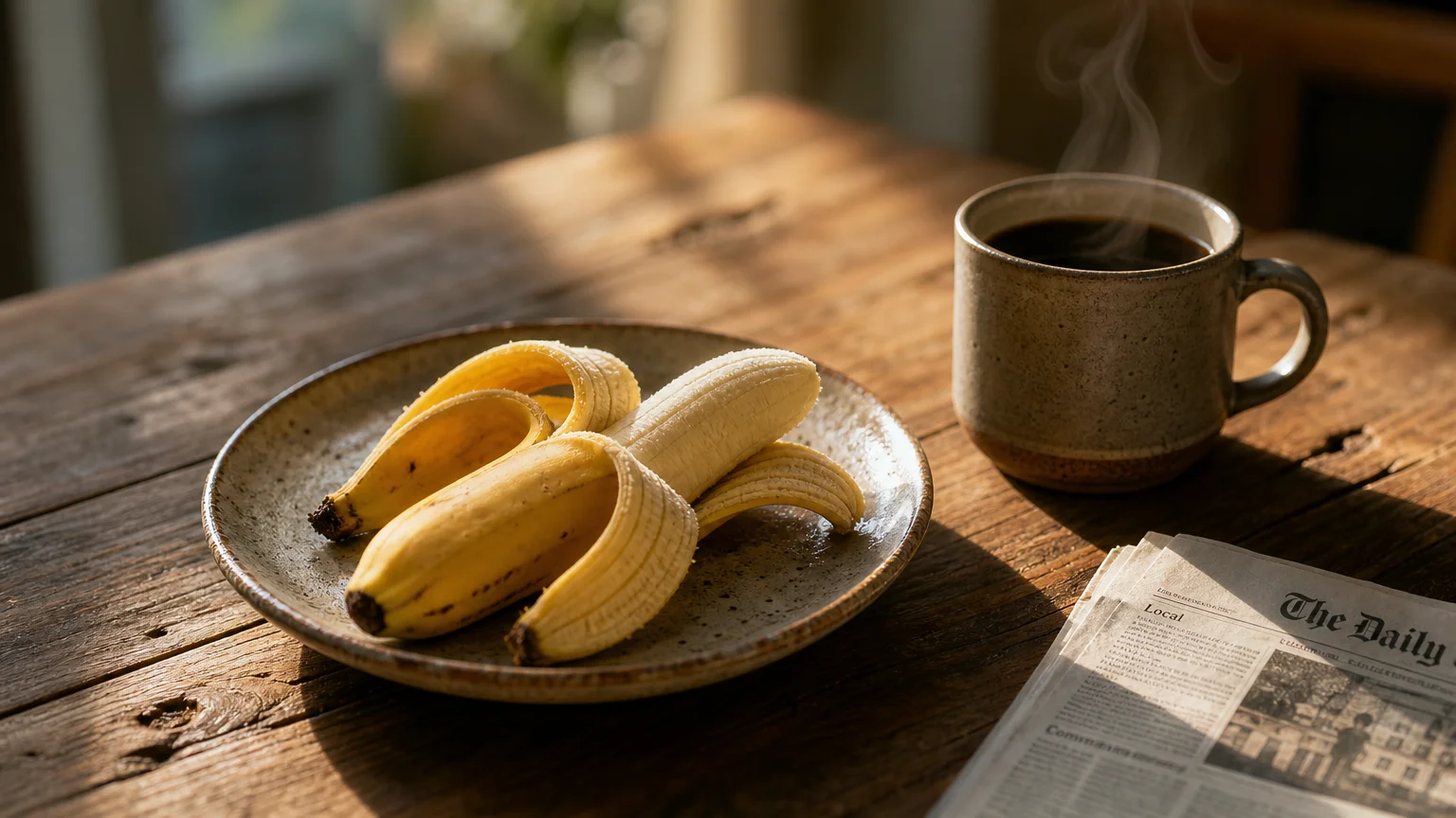A partially peeled ripe banana on a ceramic plate next to a cup of coffee on a wooden table, bathed in warm morning sunlight.