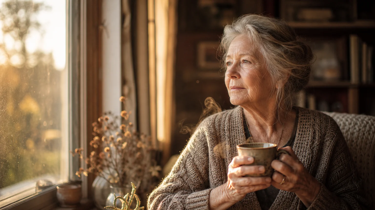 A reflective portrait of an older woman looking out a sunlit window, representing the personal journey of brain health.