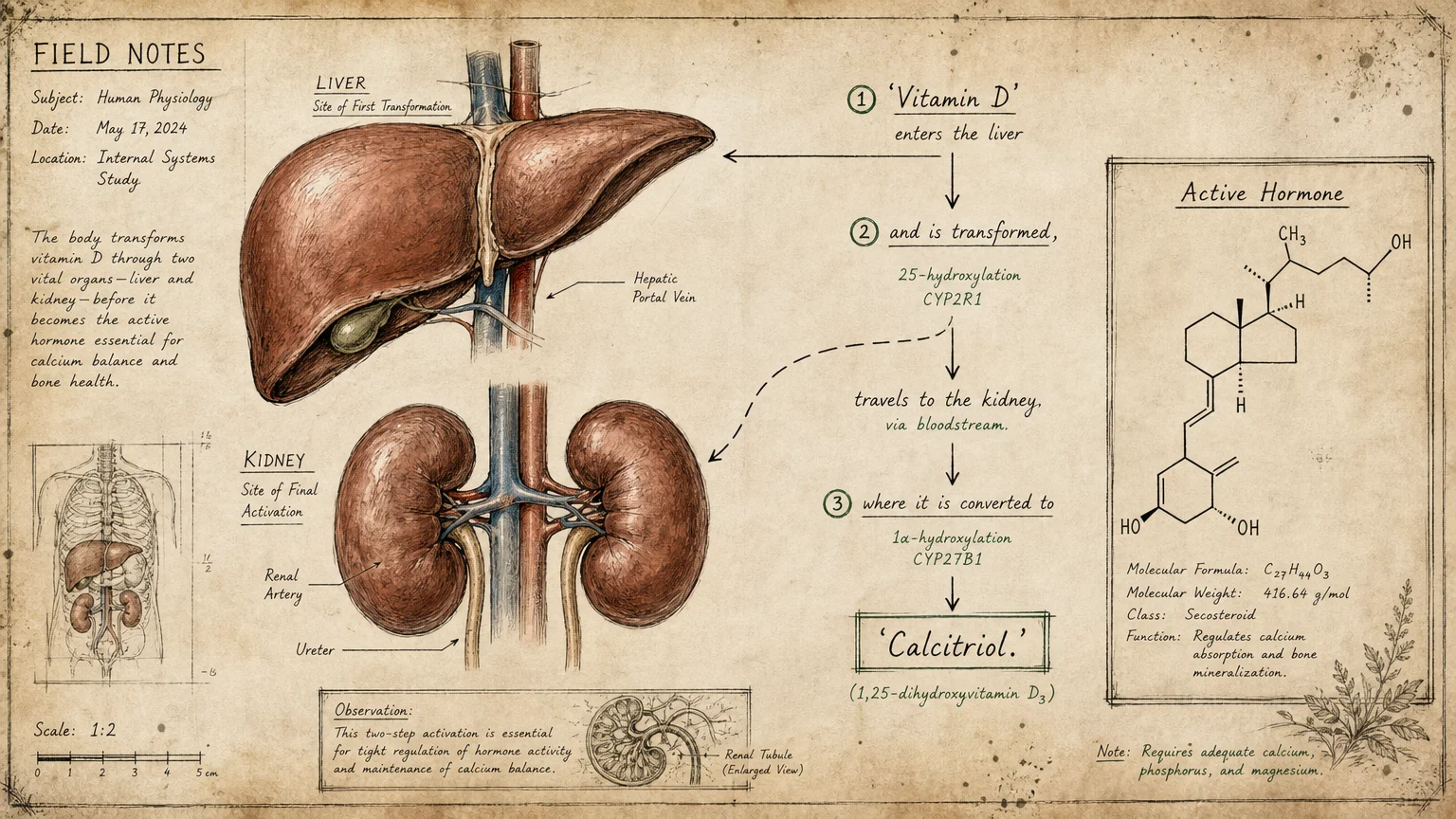 A scientific ink illustration showing the transformation of vitamin D into calcitriol within the liver and kidneys.