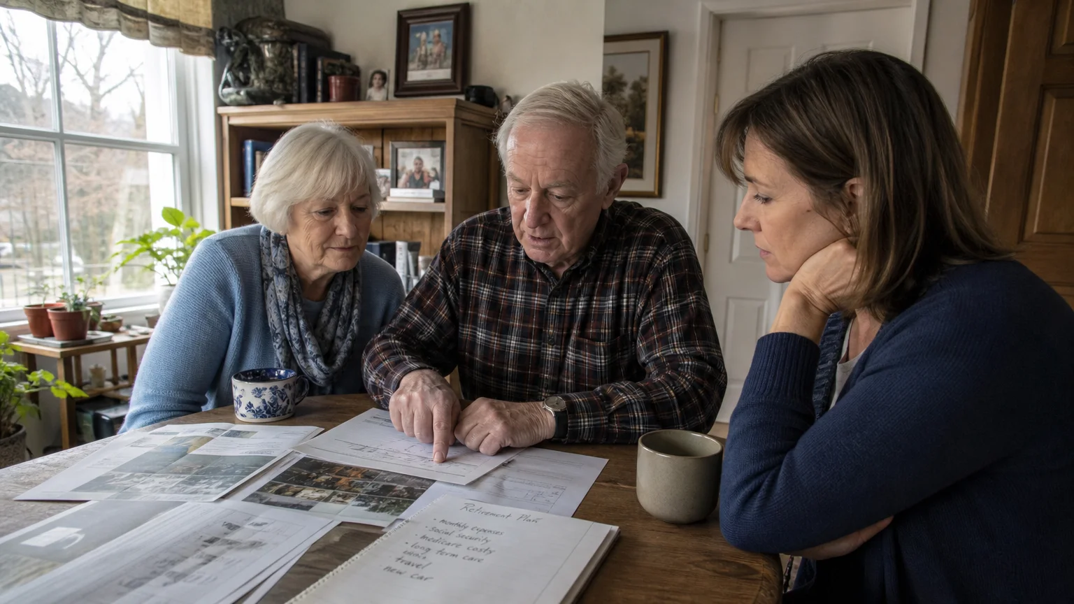 A senior couple and their adult daughter review healthcare documents together at a sunlit living room table.